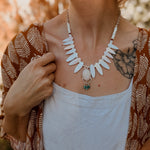 The Solace Necklace in Mother of Pearl, Morganite, & Turquoise - Golden Road Crafted