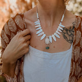The Solace Necklace in Mother of Pearl, Morganite, & Turquoise - Golden Road Crafted