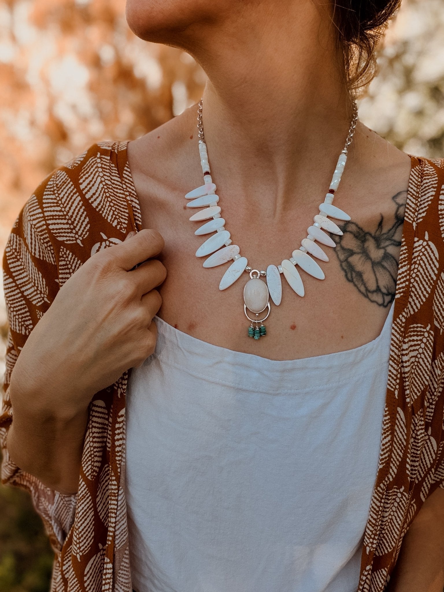 The Solace Necklace in Mother of Pearl, Morganite, & Turquoise - Golden Road Crafted