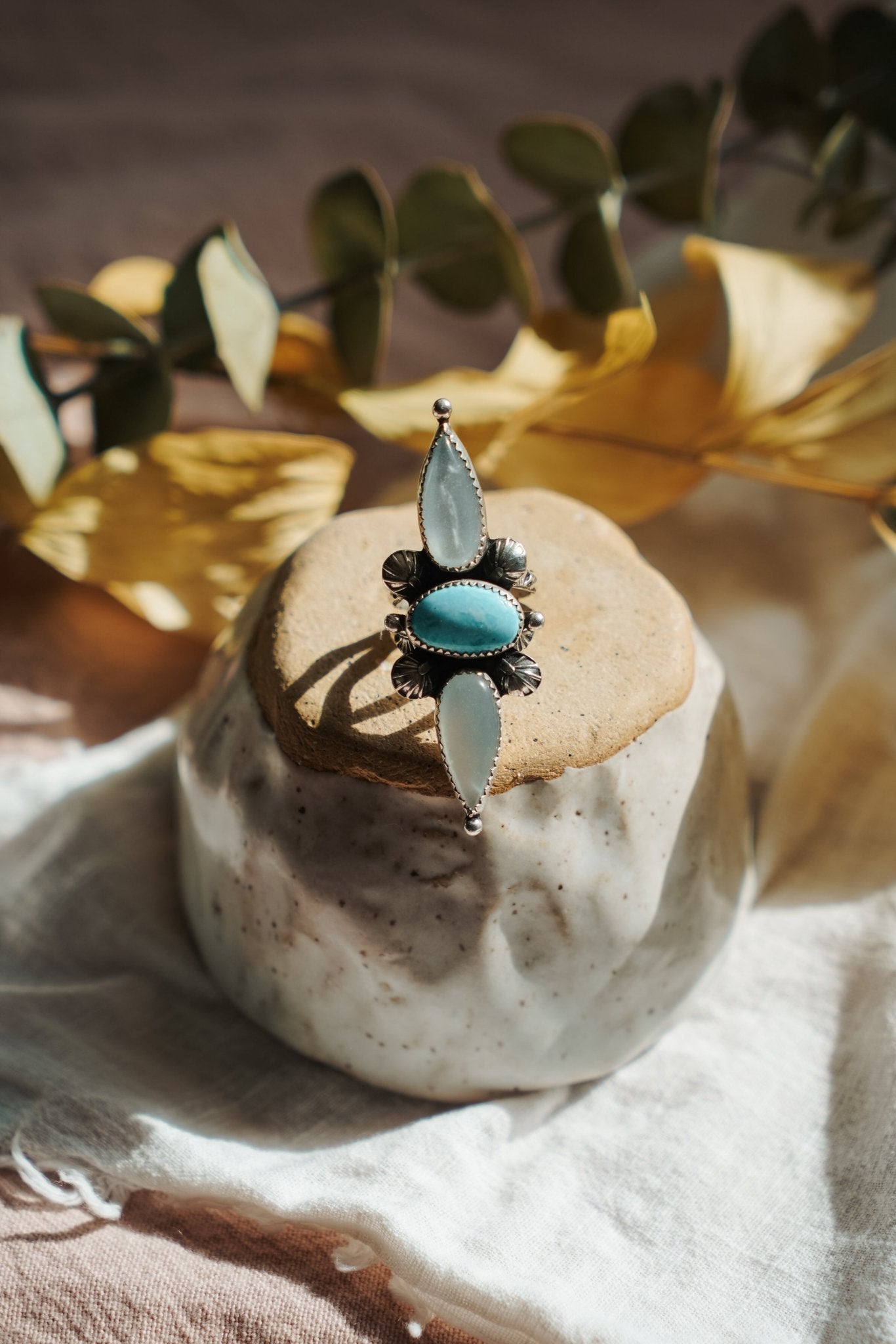 The Stardust Ring in Hubei Turquoise & Moonstone (Size 6.75) - Golden Road Crafted