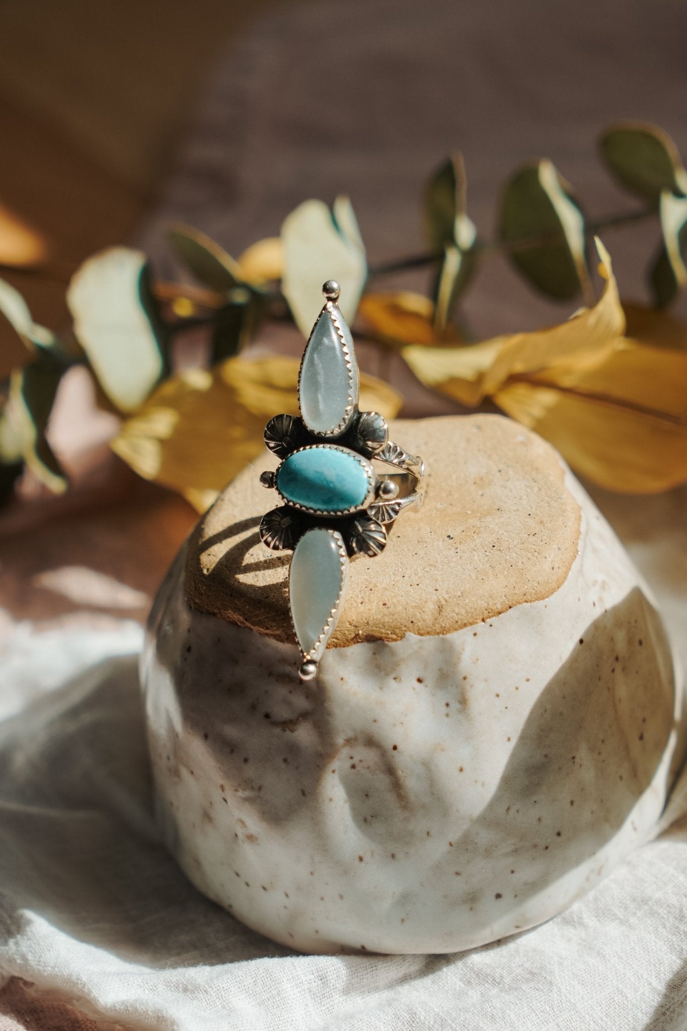 The Stardust Ring in Hubei Turquoise & Moonstone (Size 6.75) - Golden Road Crafted