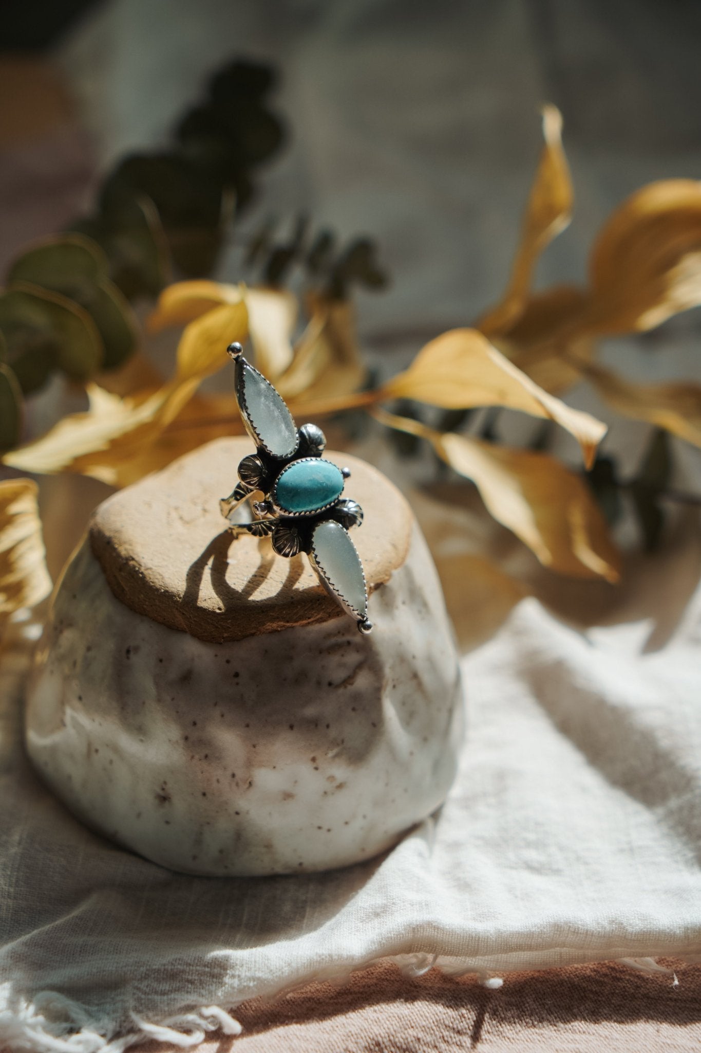 The Stardust Ring in Hubei Turquoise & Moonstone (Size 6.75) - Golden Road Crafted