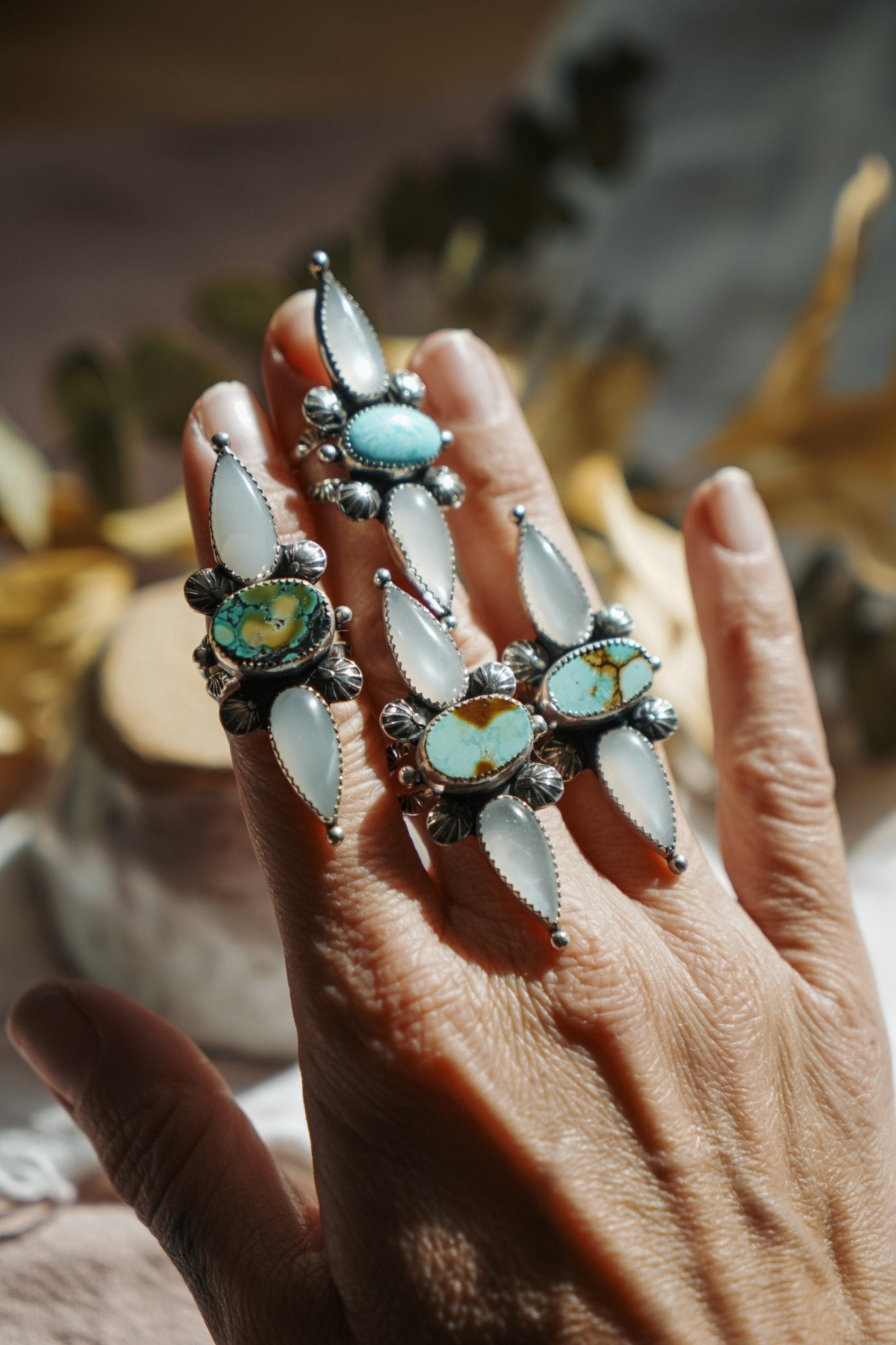 The Stardust Ring in Hubei Turquoise & Moonstone (Size 7) - Golden Road Crafted