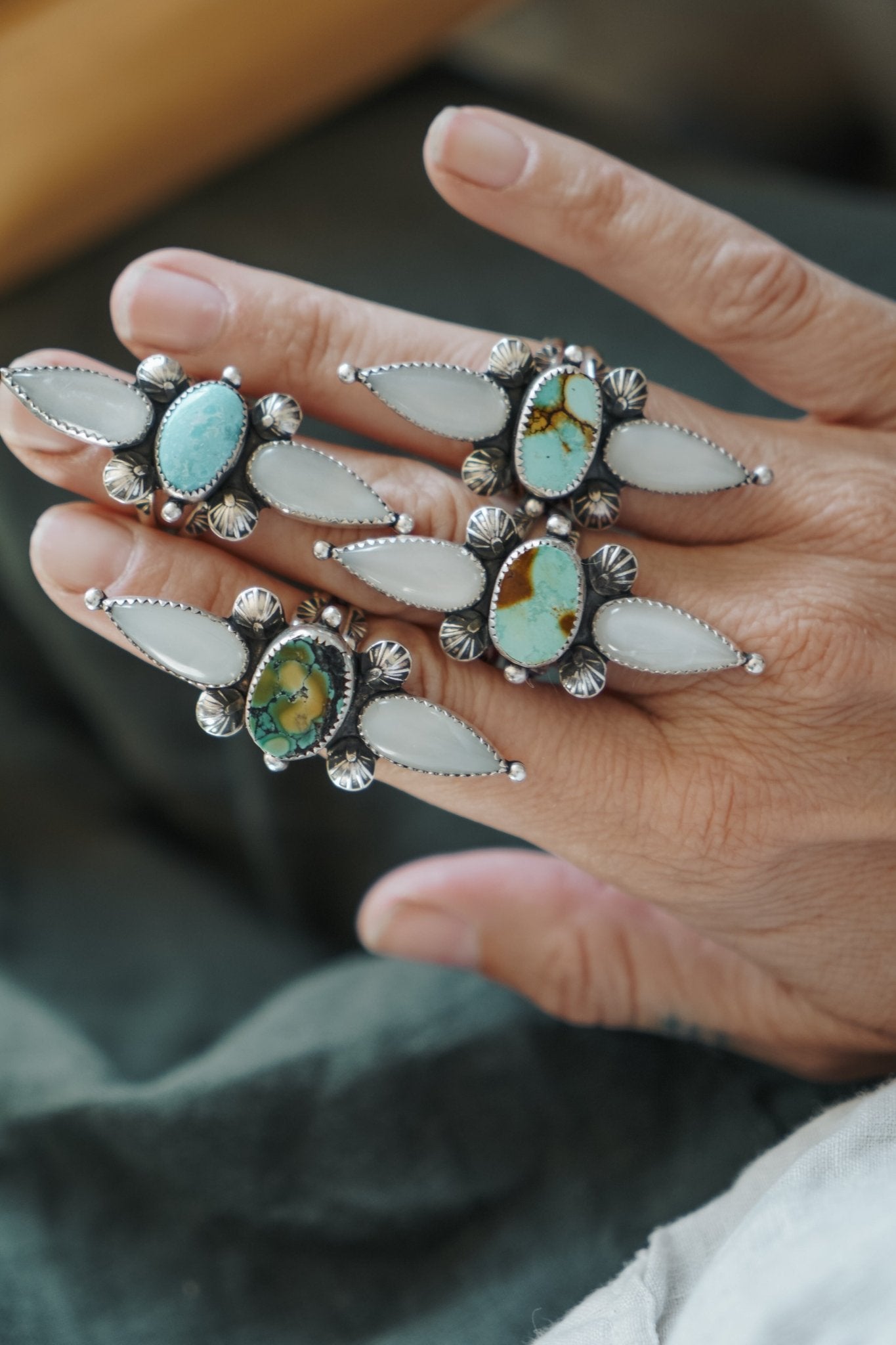 The Stardust Ring in Hubei Turquoise & Moonstone (Size 7) - Golden Road Crafted