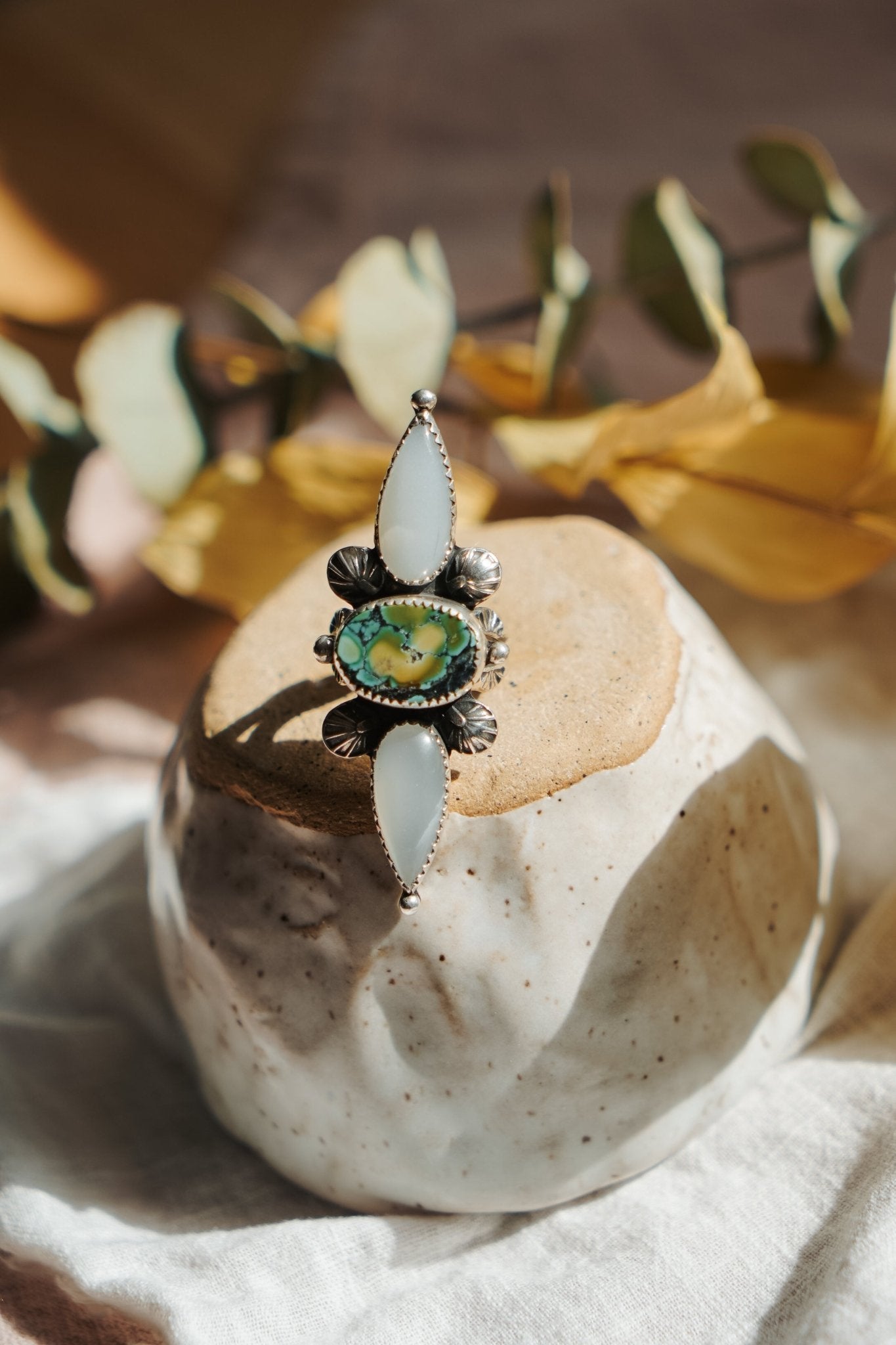 The Stardust Ring in Hubei Turquoise & Moonstone (Size 7) - Golden Road Crafted