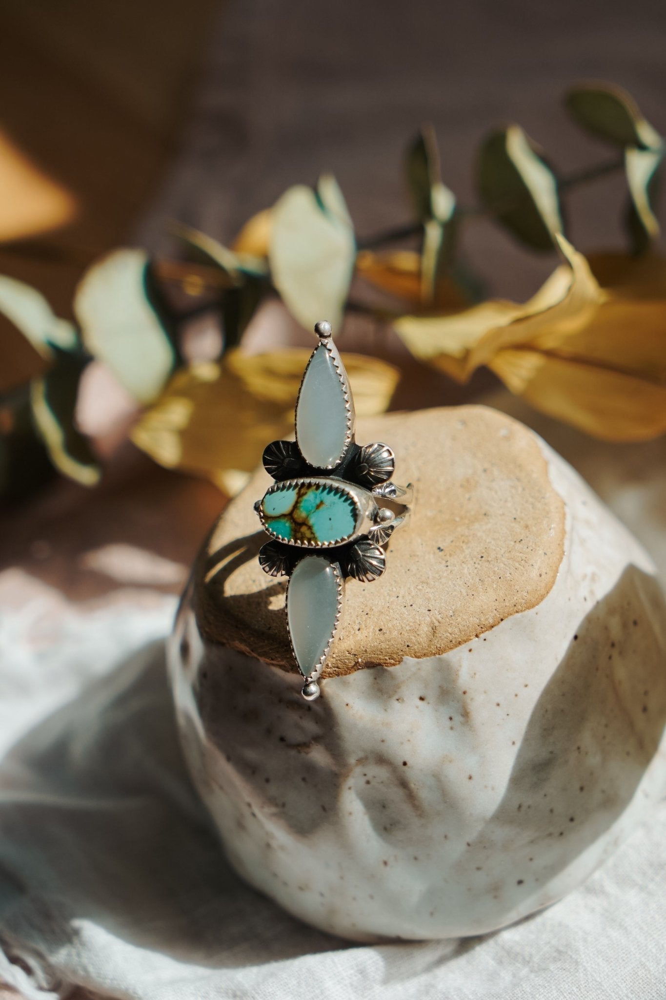 The Stardust Ring in Hubei Turquoise & Moonstone (Size 8) - Golden Road Crafted