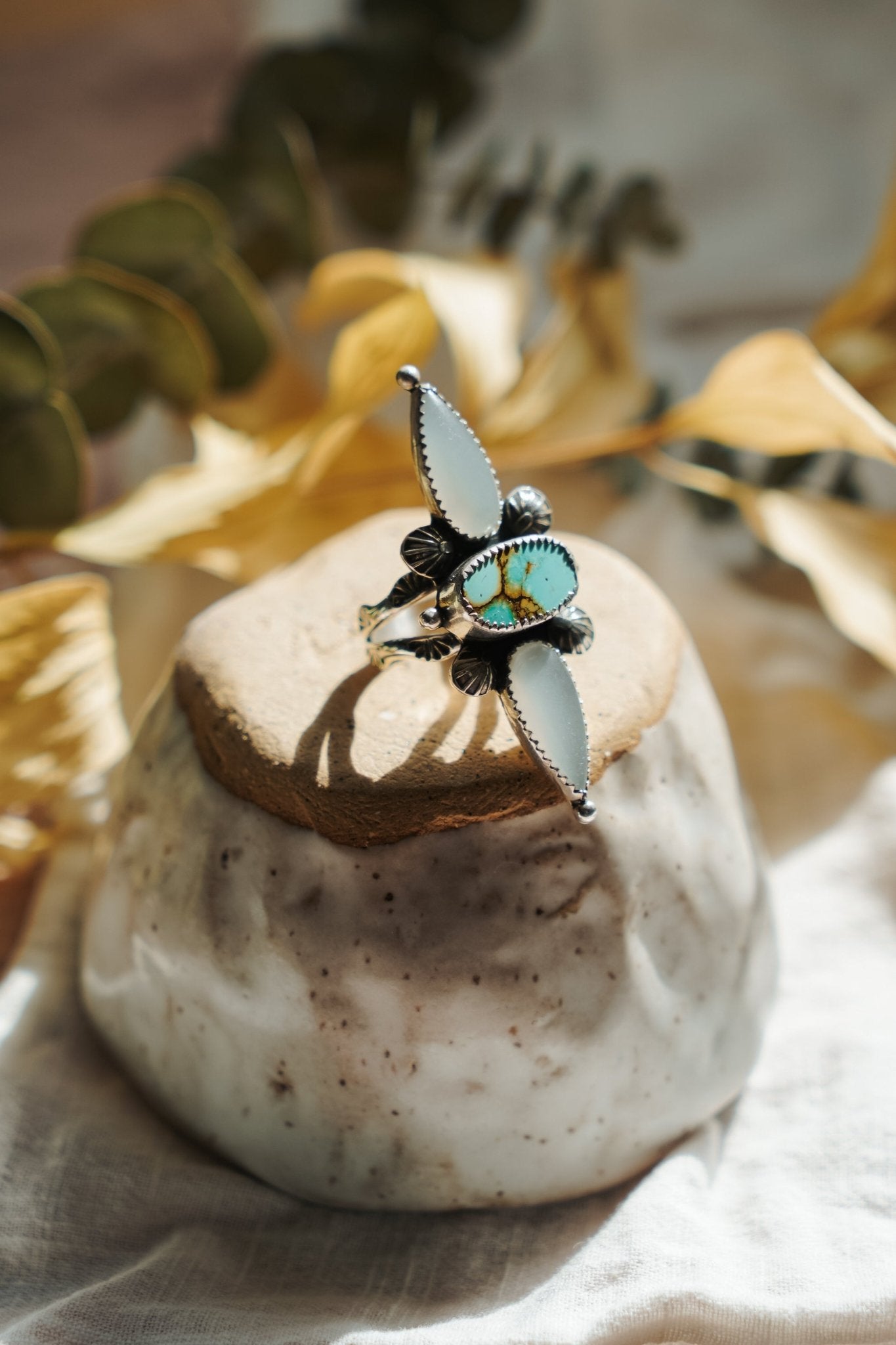 The Stardust Ring in Hubei Turquoise & Moonstone (Size 8) - Golden Road Crafted