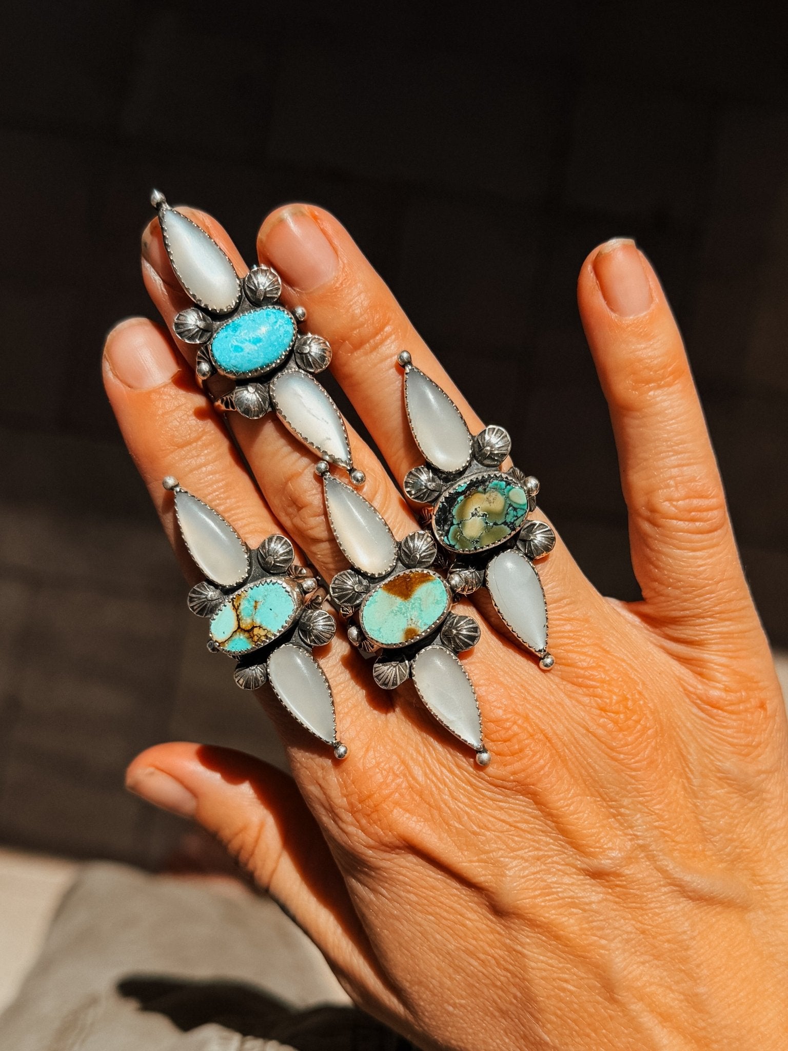 The Stardust Ring in Hubei Turquoise & Moonstone (Size 8) - Golden Road Crafted