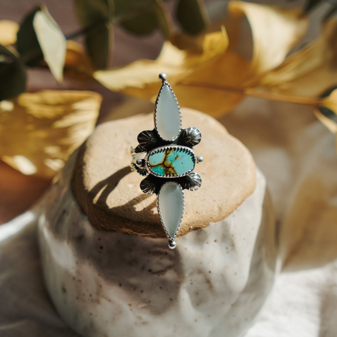 The Stardust Ring in Hubei Turquoise & Moonstone (Size 8) - Golden Road Crafted