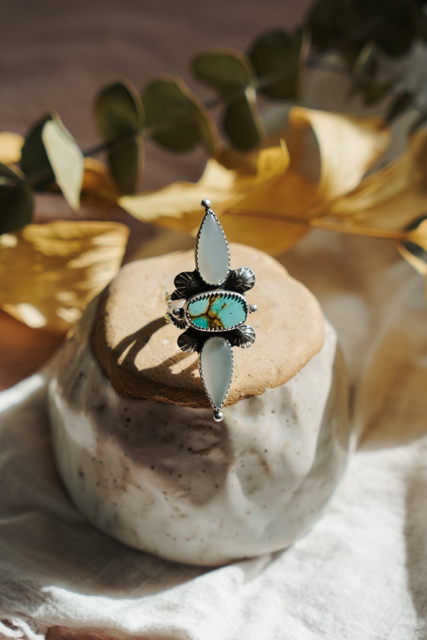 The Stardust Ring in Hubei Turquoise & Moonstone (Size 8) - Golden Road Crafted