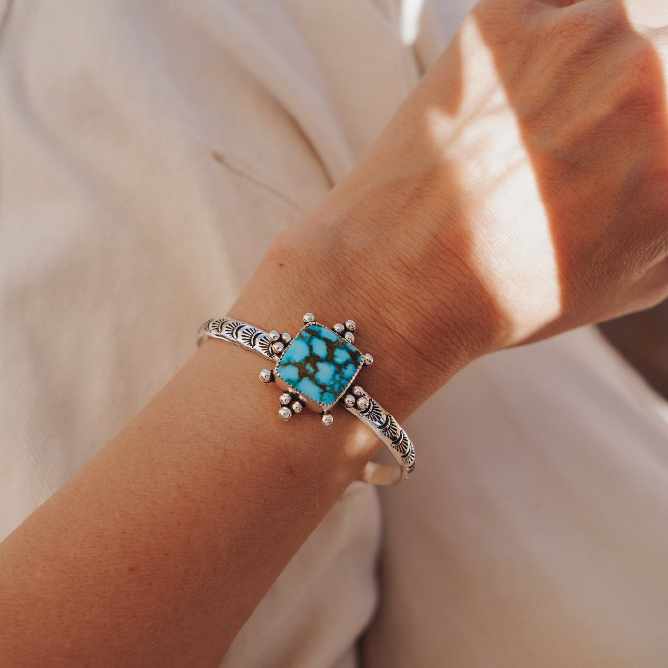 The Sunrise Cuff in Kingman Turquoise - Golden Road Crafted