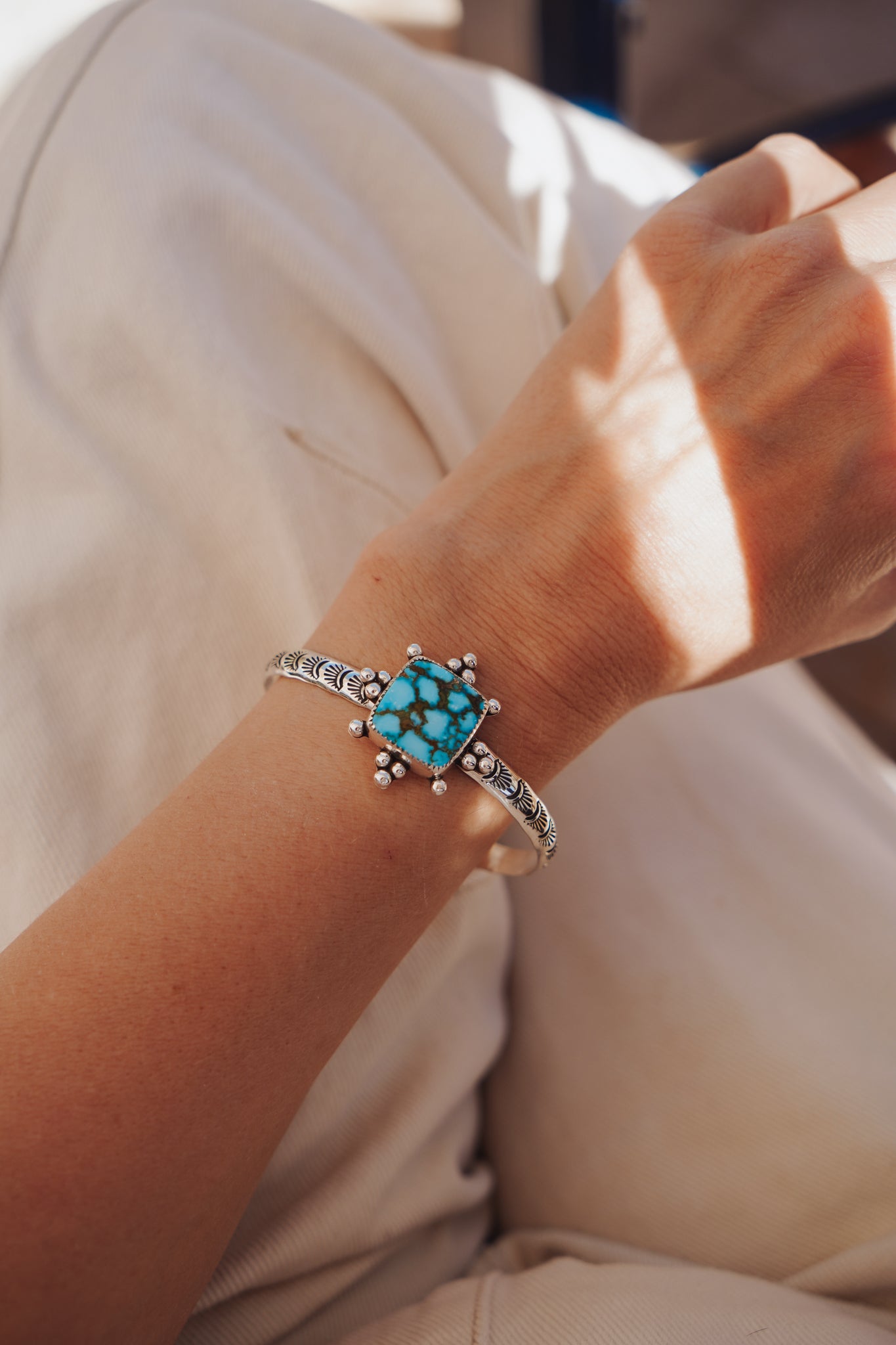 The Sunrise Cuff in Kingman Turquoise - Golden Road Crafted
