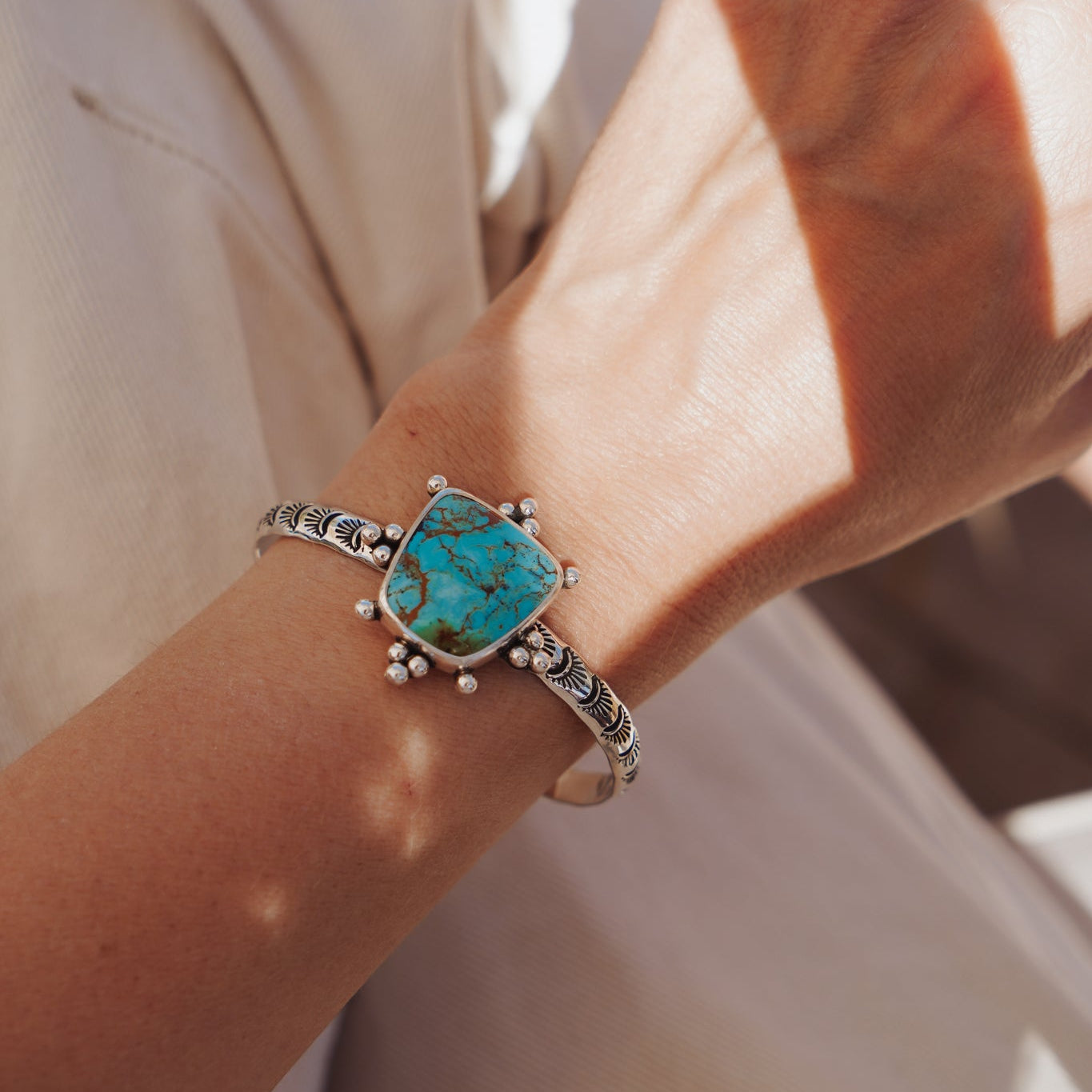 The Sunrise Cuff in Kingman Turquoise - Golden Road Crafted