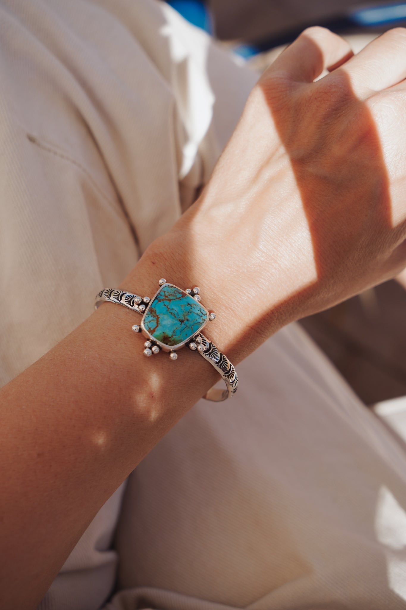 The Sunrise Cuff in Kingman Turquoise - Golden Road Crafted