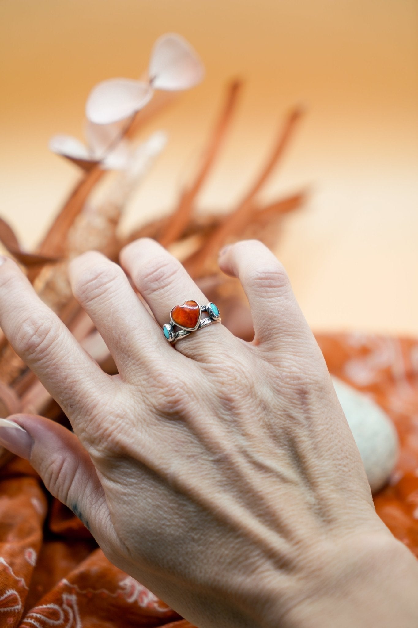 The Turquoise Lover's Ring in Spiny Oyster & Morenci Turquoise (Size 5.5) - Golden Road Crafted