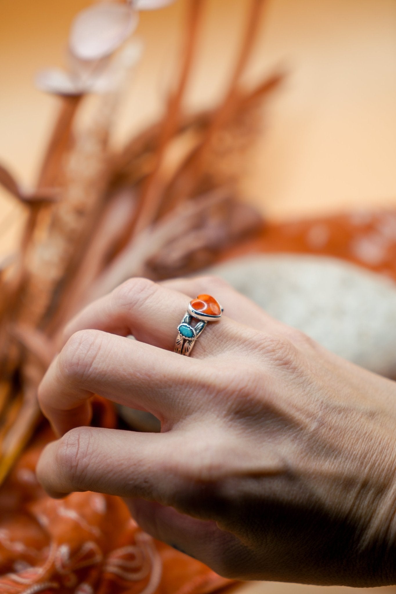 The Turquoise Lover's Ring in Spiny Oyster & Morenci Turquoise (Size 5.5) - Golden Road Crafted