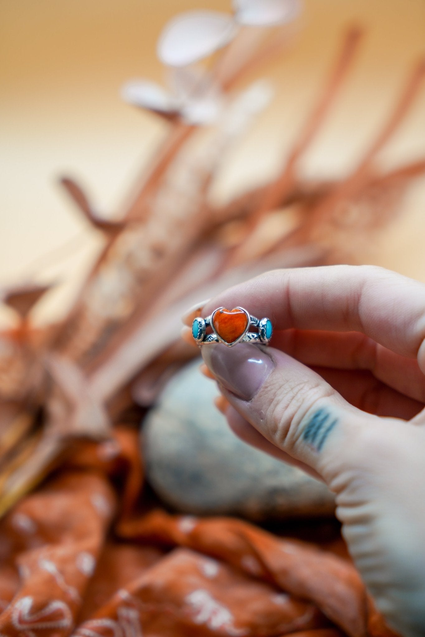 The Turquoise Lover's Ring in Spiny Oyster & Morenci Turquoise (Size 7) - Golden Road Crafted