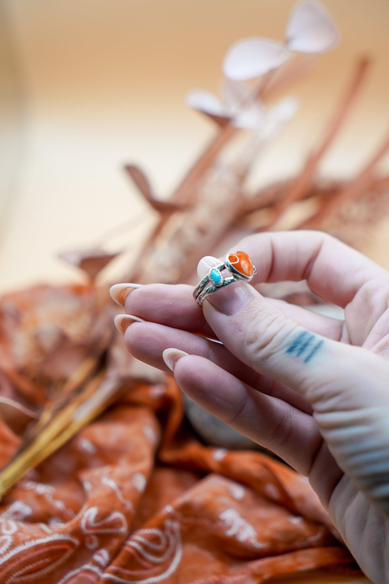 The Turquoise Lover's Ring in Spiny Oyster & Morenci Turquoise (Size 7.5) - Golden Road Crafted