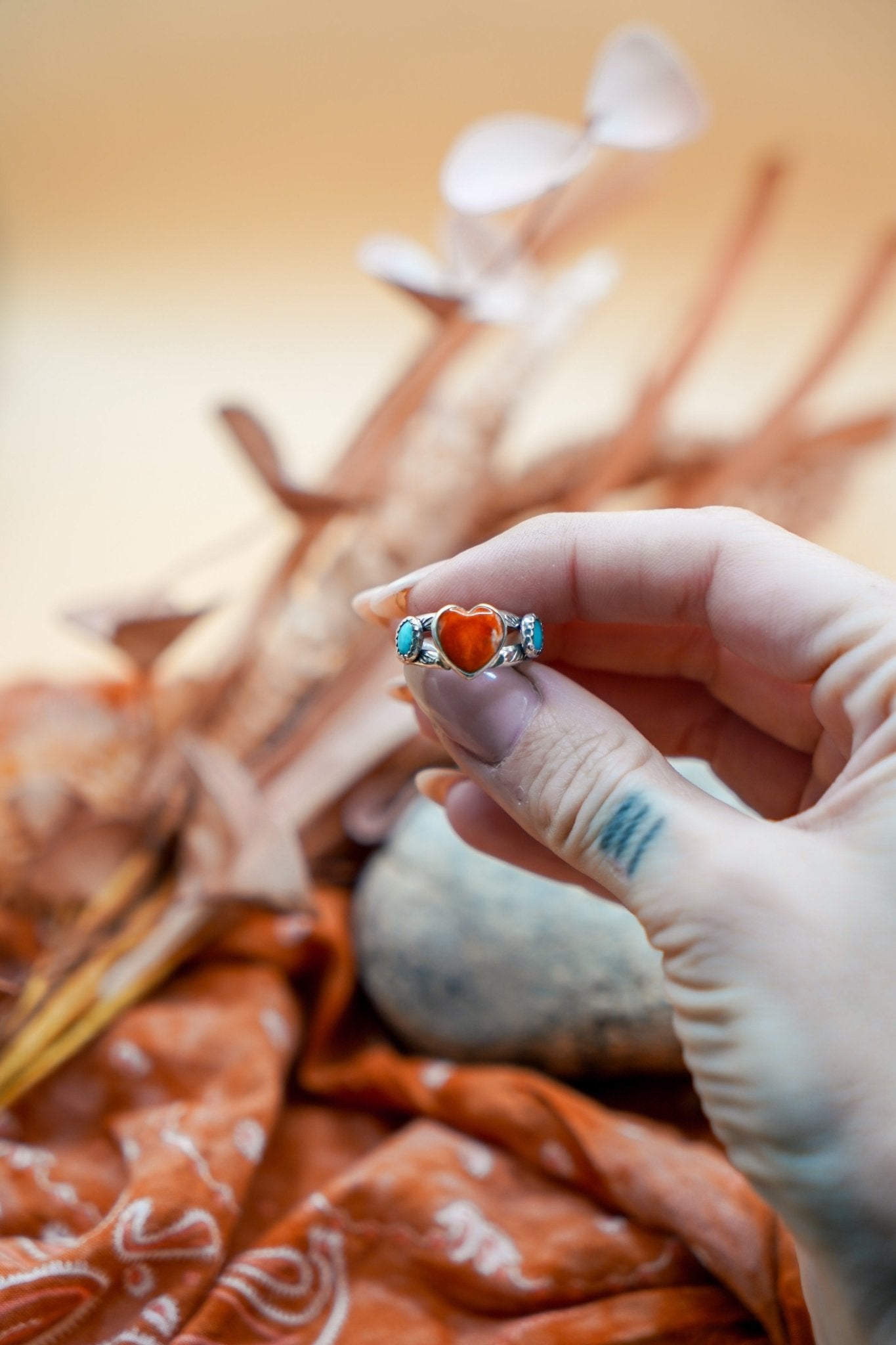 The Turquoise Lover's Ring in Spiny Oyster & Morenci Turquoise (Size 7.5) - Golden Road Crafted