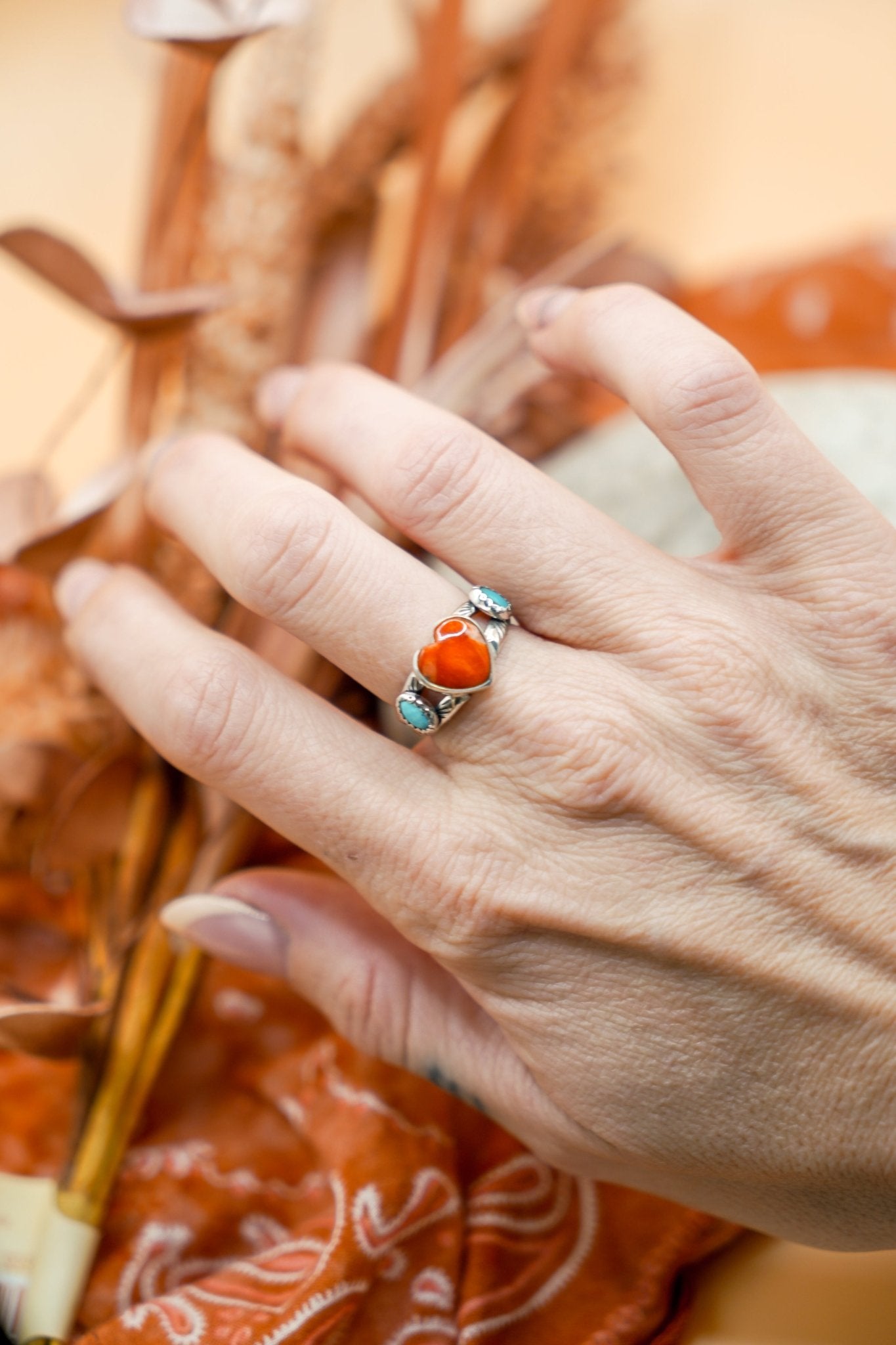 The Turquoise Lover's Ring in Spiny Oyster & Morenci Turquoise (Size 7.5) - Golden Road Crafted