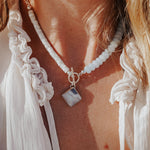 Toggle Necklace in Lace Agate, Aquamarine, & White Mother of Pearl - Golden Road Crafted