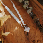 Toggle Necklace in Lace Agate, Aquamarine, & White Mother of Pearl - Golden Road Crafted