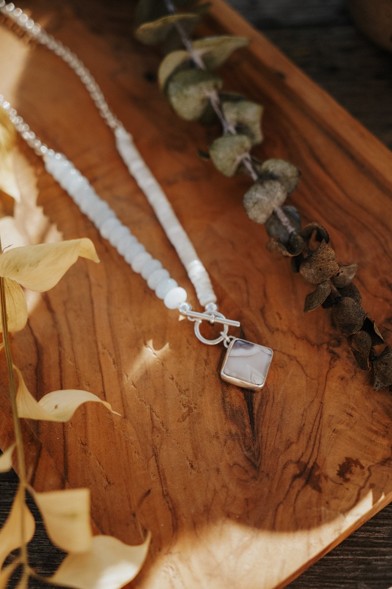 Toggle Necklace in Lace Agate, Aquamarine, & White Mother of Pearl - Golden Road Crafted