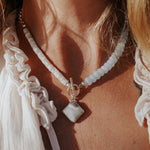 Toggle Necklace in Lace Agate, Aquamarine, & White Mother of Pearl - Golden Road Crafted