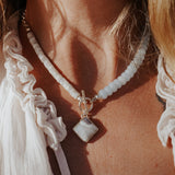 Toggle Necklace in Lace Agate, Aquamarine, & White Mother of Pearl - Golden Road Crafted