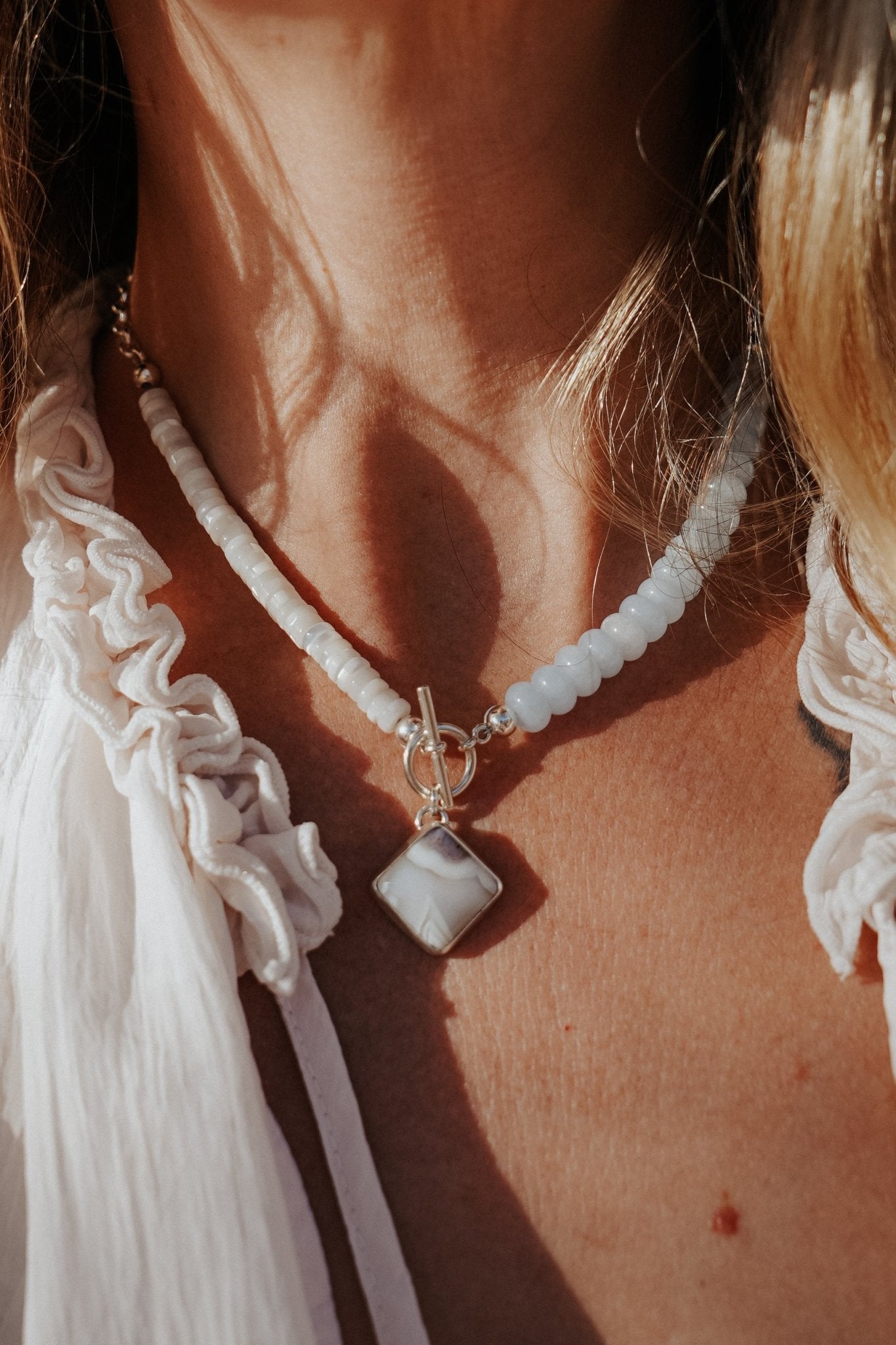 Toggle Necklace in Lace Agate, Aquamarine, & White Mother of Pearl - Golden Road Crafted