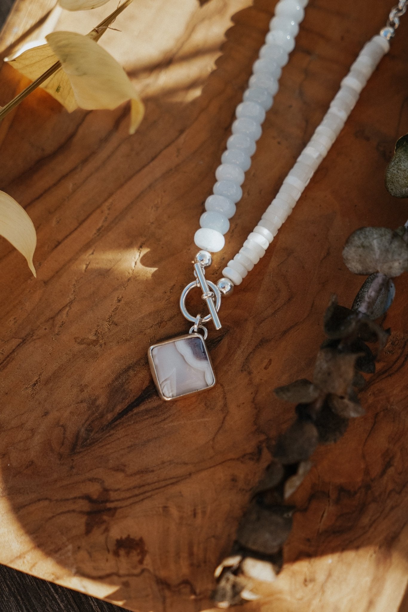 Toggle Necklace in Lace Agate, Aquamarine, & White Mother of Pearl - Golden Road Crafted