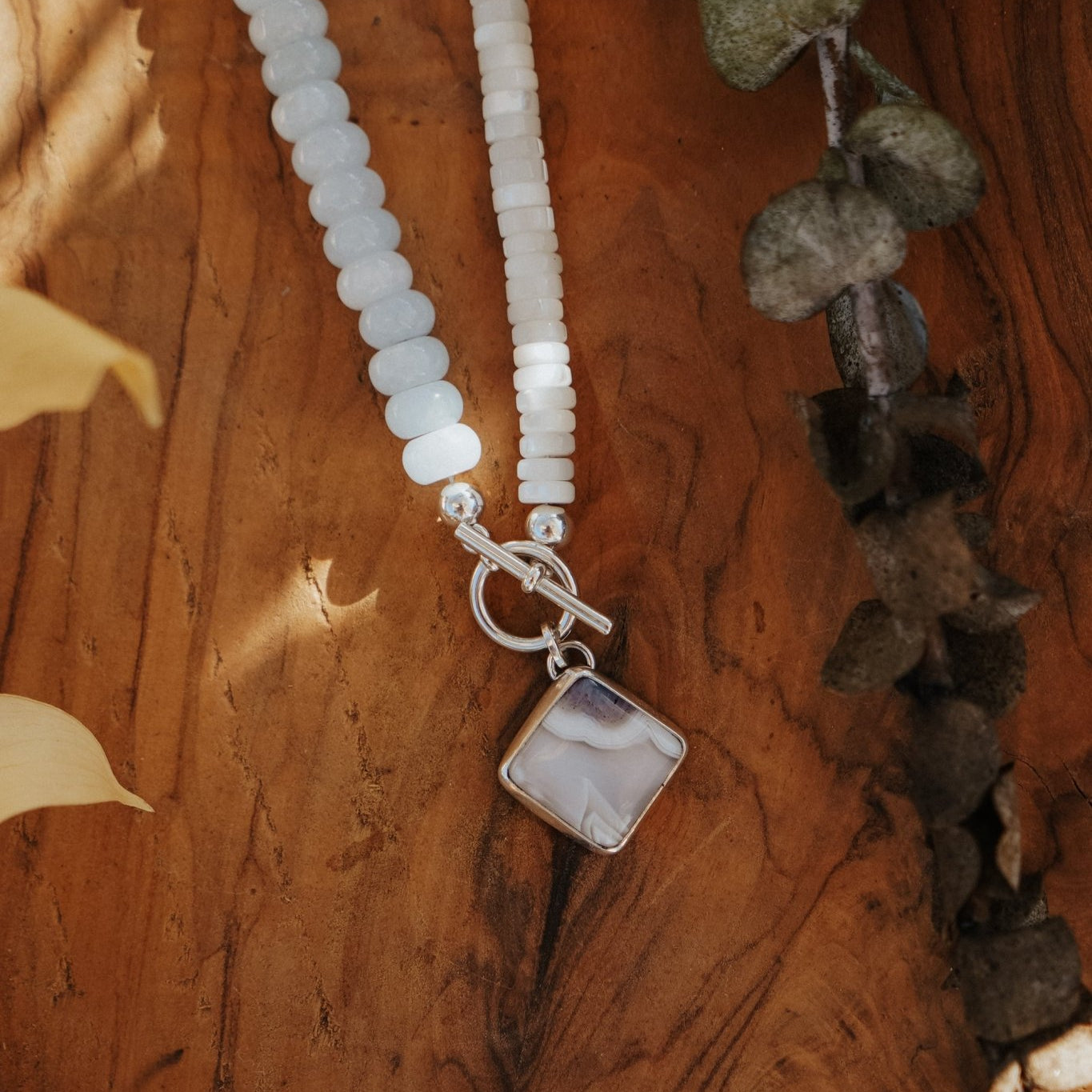 Toggle Necklace in Lace Agate, Aquamarine, & White Mother of Pearl - Golden Road Crafted
