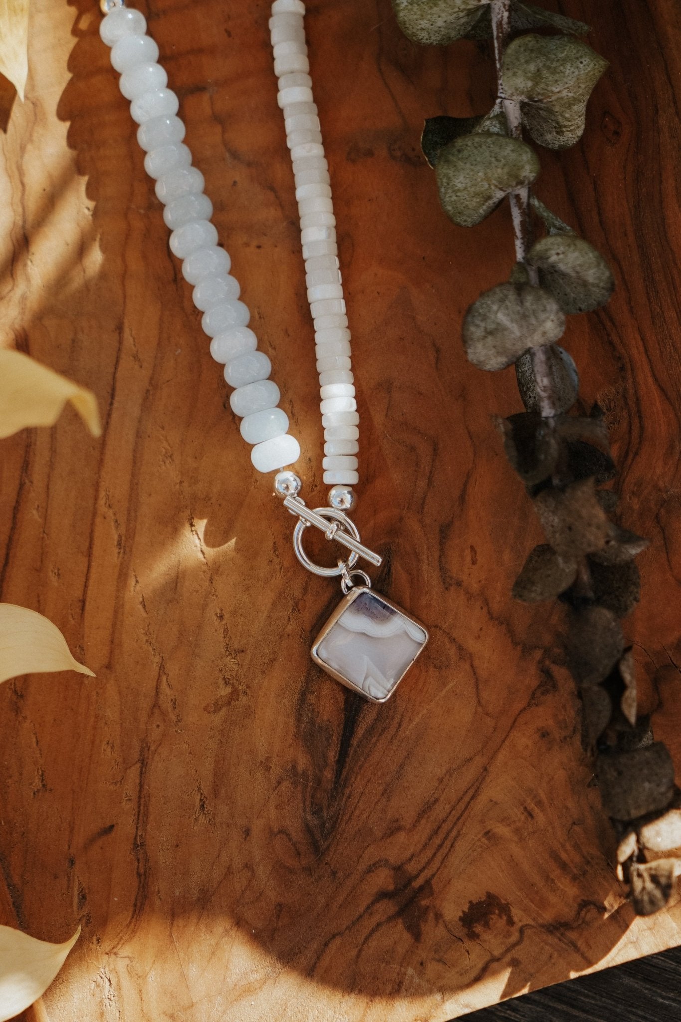 Toggle Necklace in Lace Agate, Aquamarine, & White Mother of Pearl - Golden Road Crafted