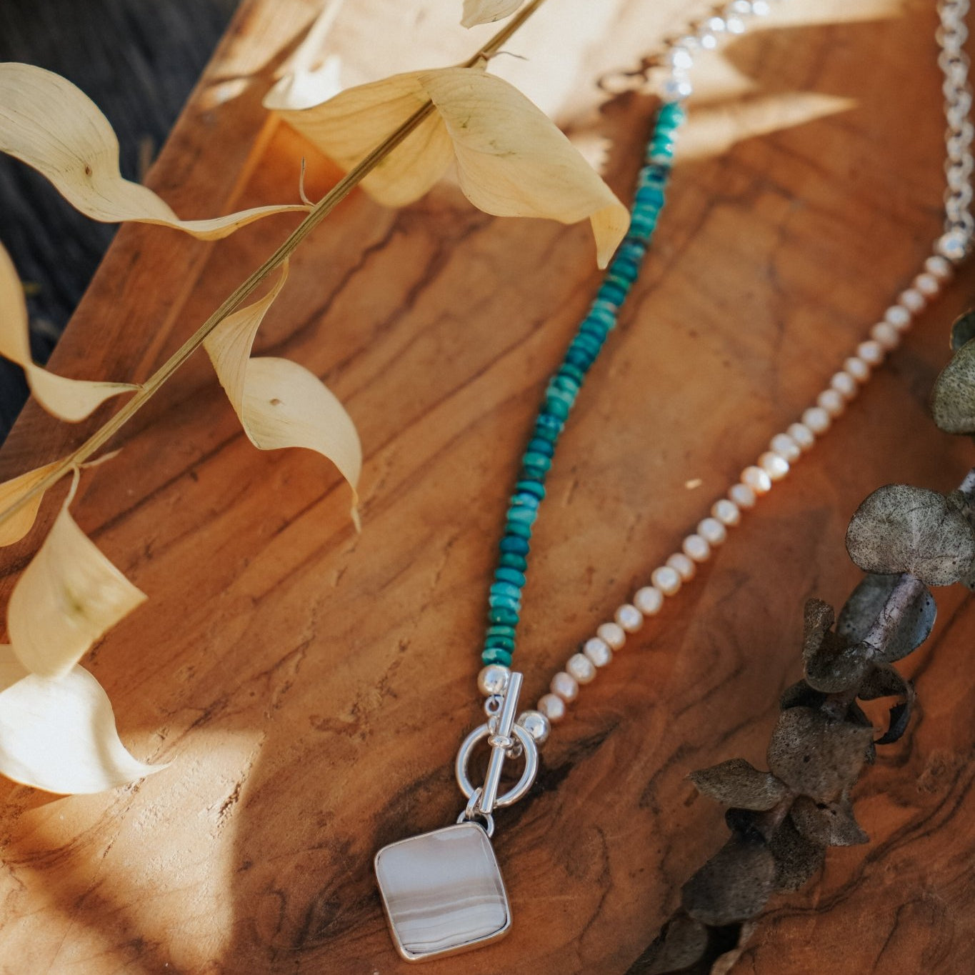 Toggle Necklace in Lace Agate with Turquoise & Freshwater Pearl Beads - Golden Road Crafted