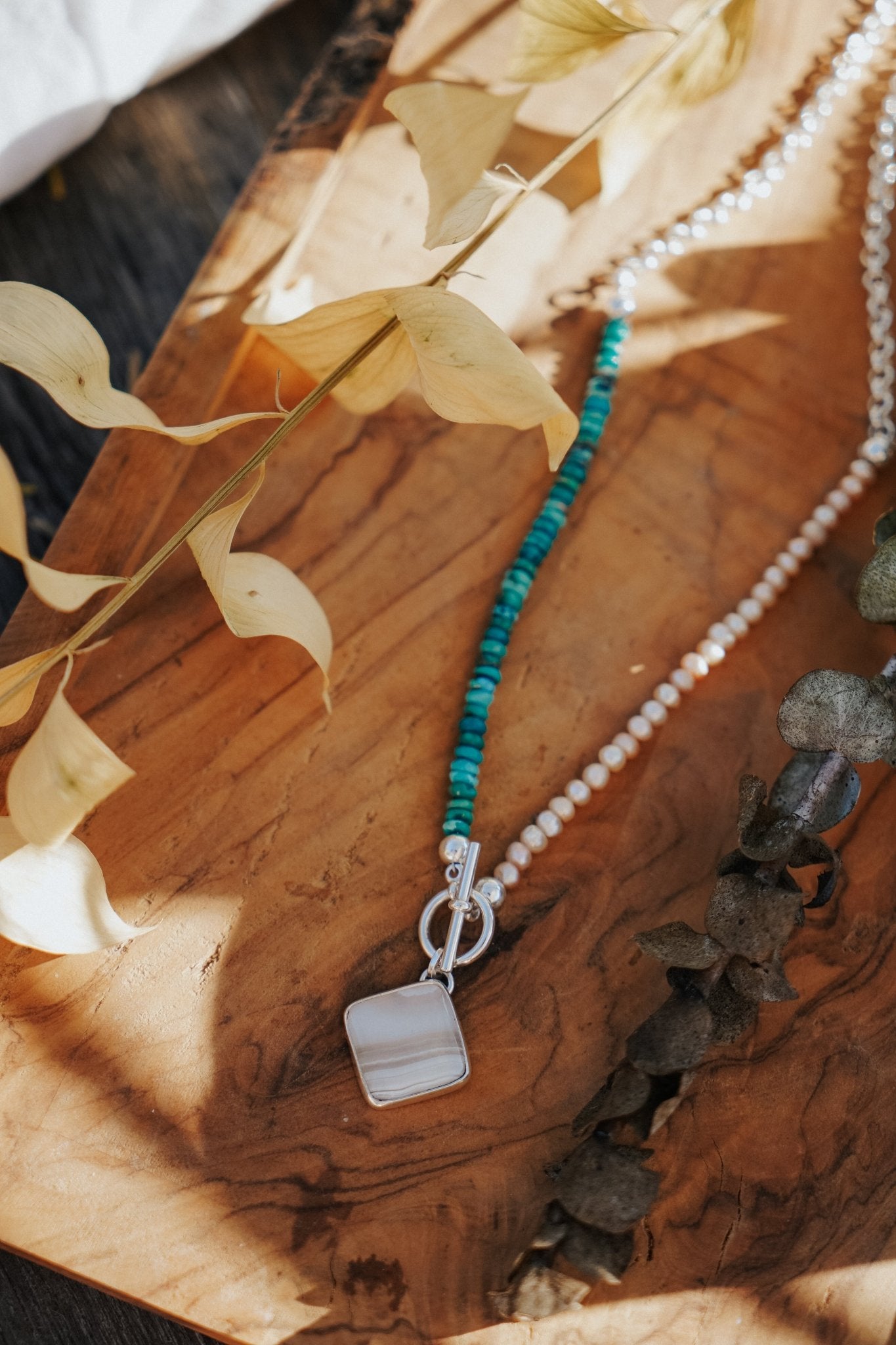 Toggle Necklace in Lace Agate with Turquoise & Freshwater Pearl Beads - Golden Road Crafted
