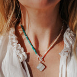 Toggle Necklace in Lace Agate with Turquoise & Freshwater Pearl Beads - Golden Road Crafted