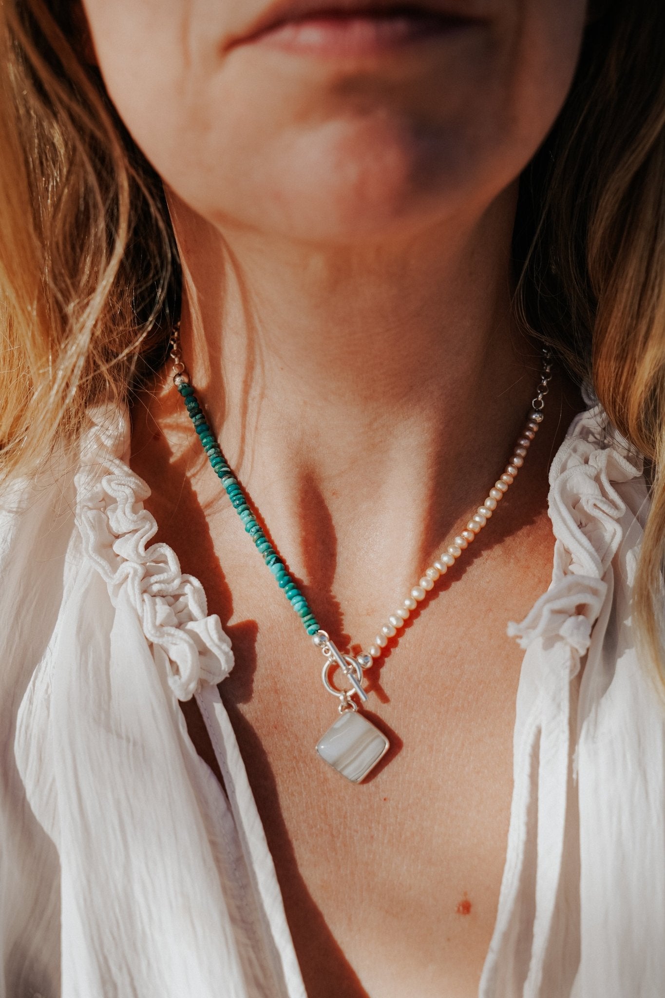 Toggle Necklace in Lace Agate with Turquoise & Freshwater Pearl Beads - Golden Road Crafted