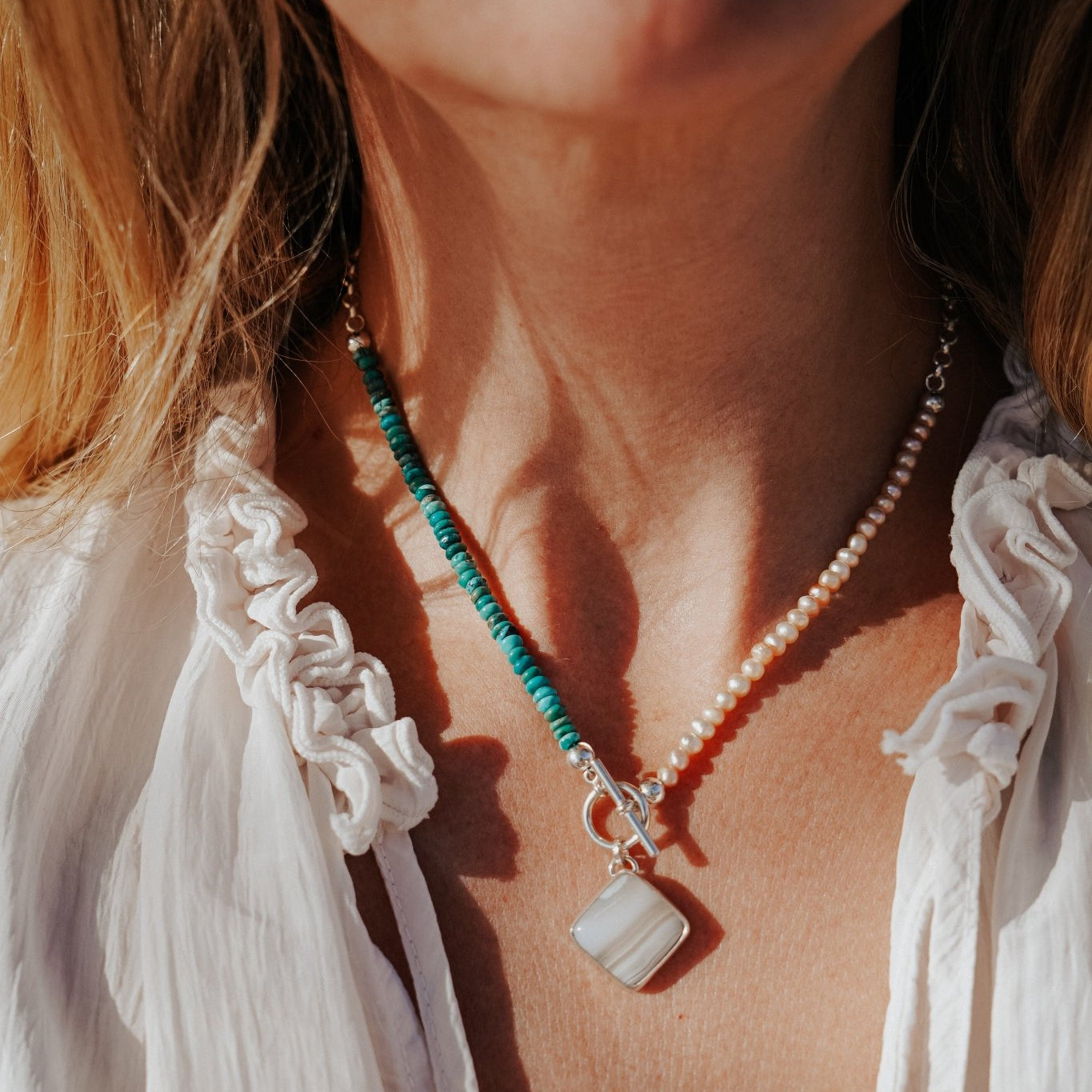 Toggle Necklace in Lace Agate with Turquoise & Freshwater Pearl Beads - Golden Road Crafted