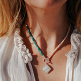 Toggle Necklace in Lace Agate with Turquoise & Freshwater Pearl Beads - Golden Road Crafted