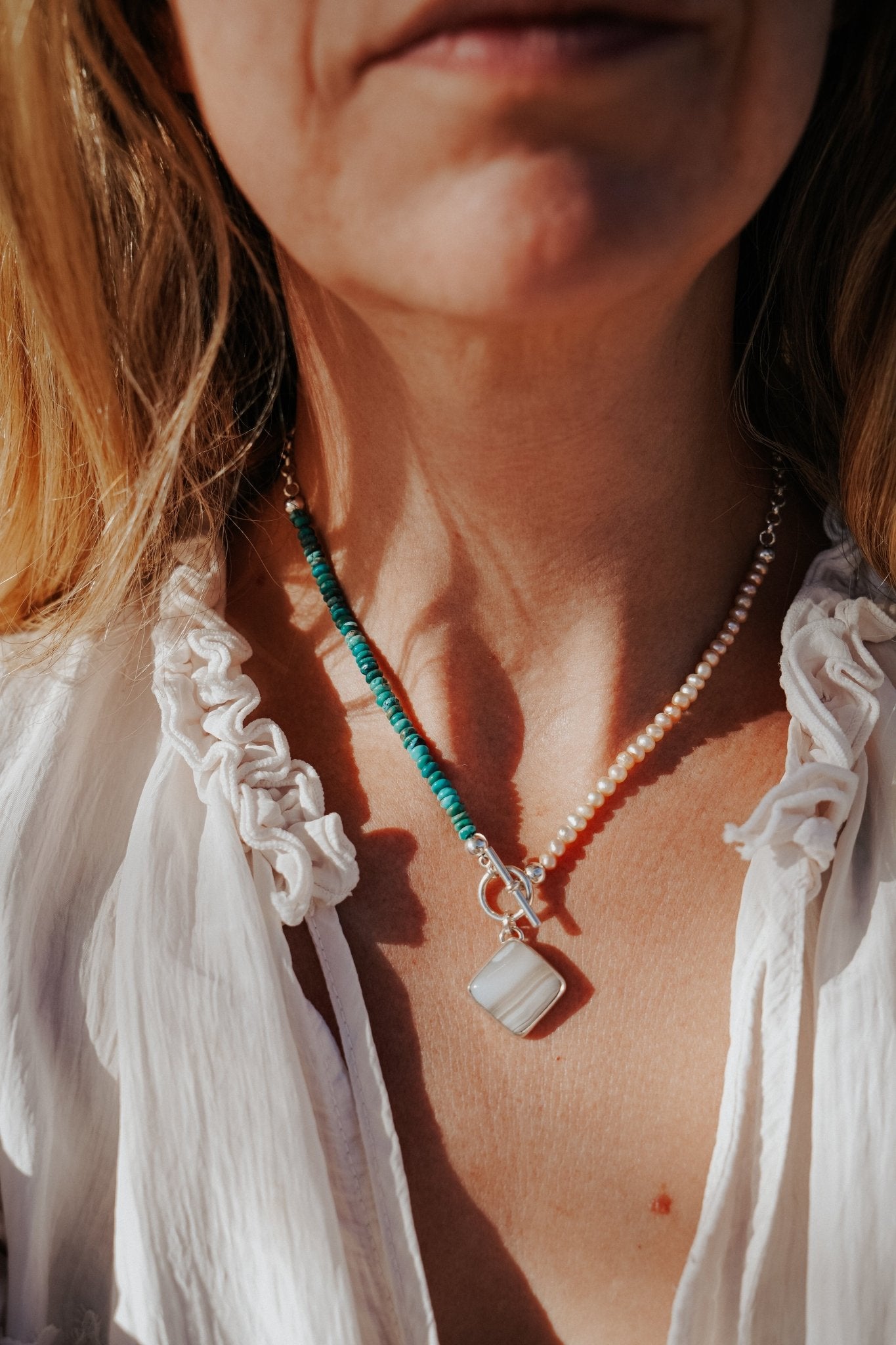Toggle Necklace in Lace Agate with Turquoise & Freshwater Pearl Beads - Golden Road Crafted