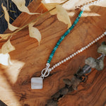 Toggle Necklace in Lace Agate with Turquoise & Freshwater Pearl Beads - Golden Road Crafted
