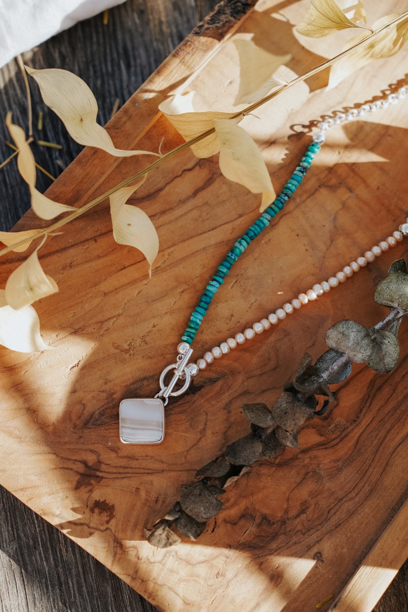 Toggle Necklace in Lace Agate with Turquoise & Freshwater Pearl Beads - Golden Road Crafted