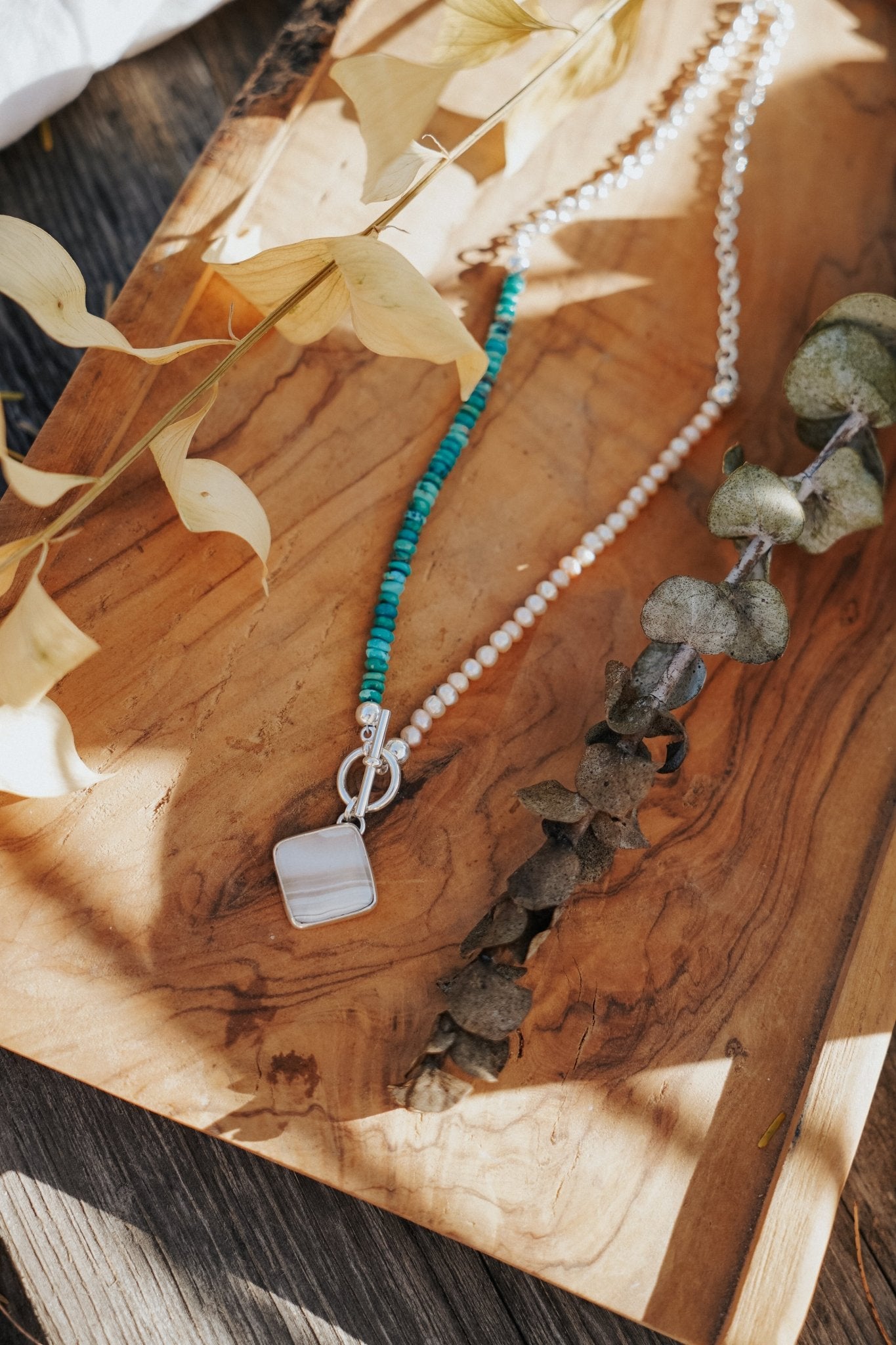 Toggle Necklace in Lace Agate with Turquoise & Freshwater Pearl Beads - Golden Road Crafted