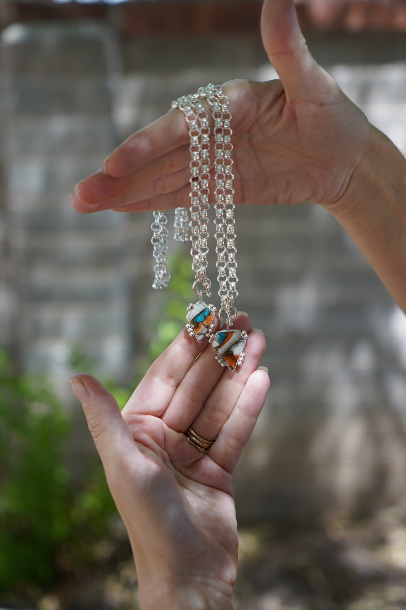 Toggle Necklace in Spiny Oyster with Kingman Turquoise - Golden Road Crafted