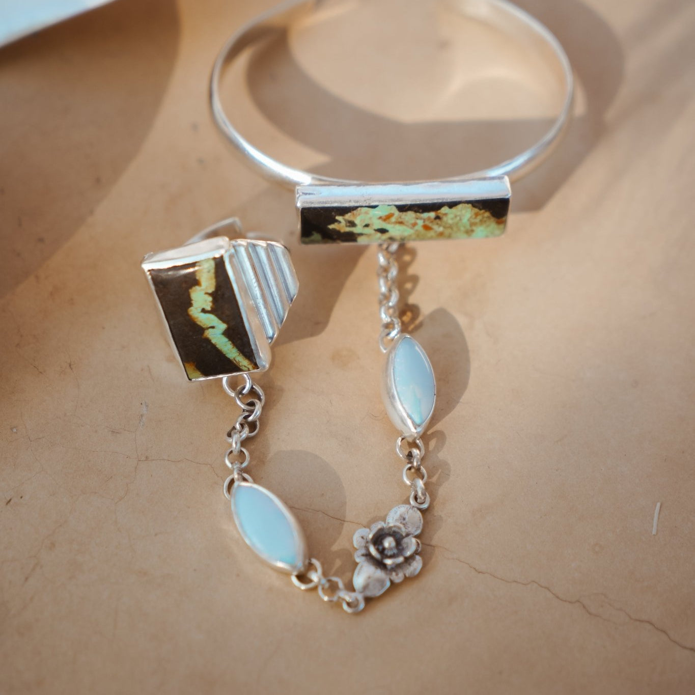Ventana Handchain in Blackjack Turquoise + Sterling Opal (Adjustable Ring Size) - Golden Road Crafted