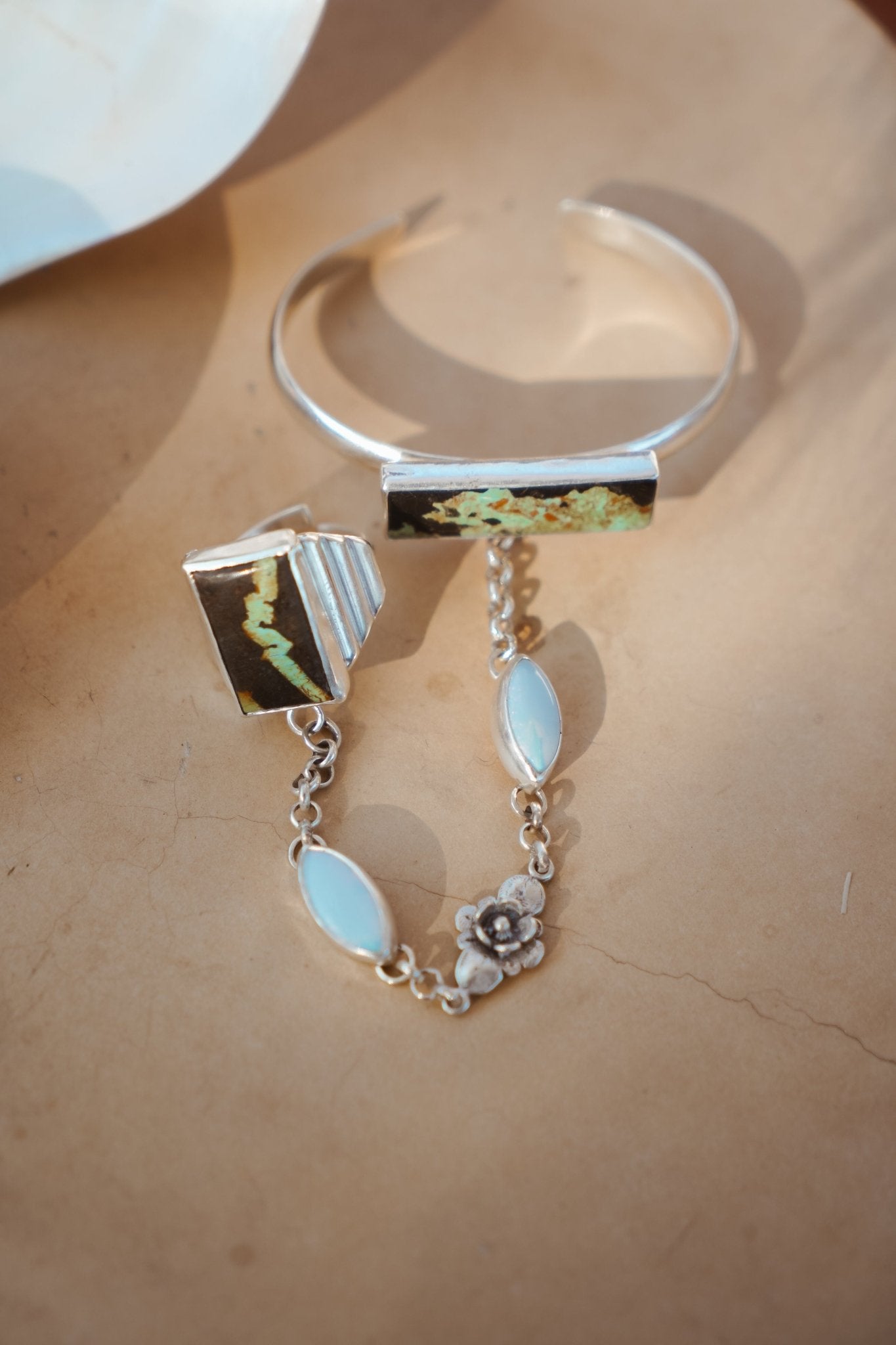 Ventana Handchain in Blackjack Turquoise + Sterling Opal (Adjustable Ring Size) - Golden Road Crafted