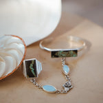 Ventana Handchain in Blackjack Turquoise + Sterling Opal (Adjustable Ring Size) - Golden Road Crafted