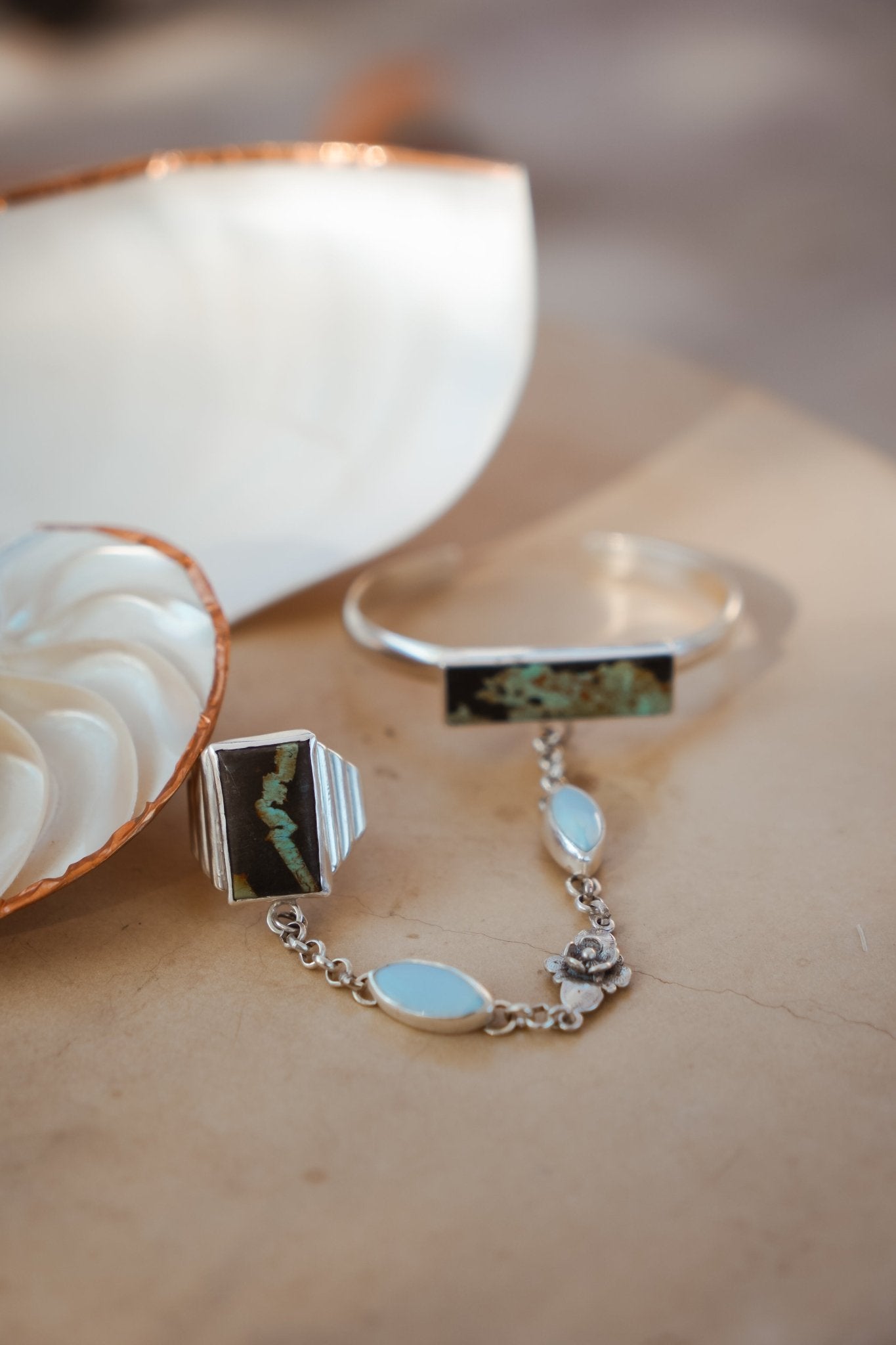 Ventana Handchain in Blackjack Turquoise + Sterling Opal (Adjustable Ring Size) - Golden Road Crafted