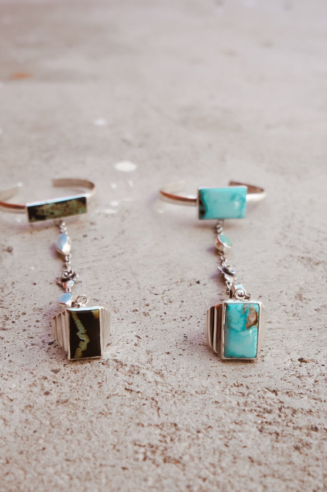 Ventana Handchain in Blackjack Turquoise + Sterling Opal (Adjustable Ring Size) - Golden Road Crafted