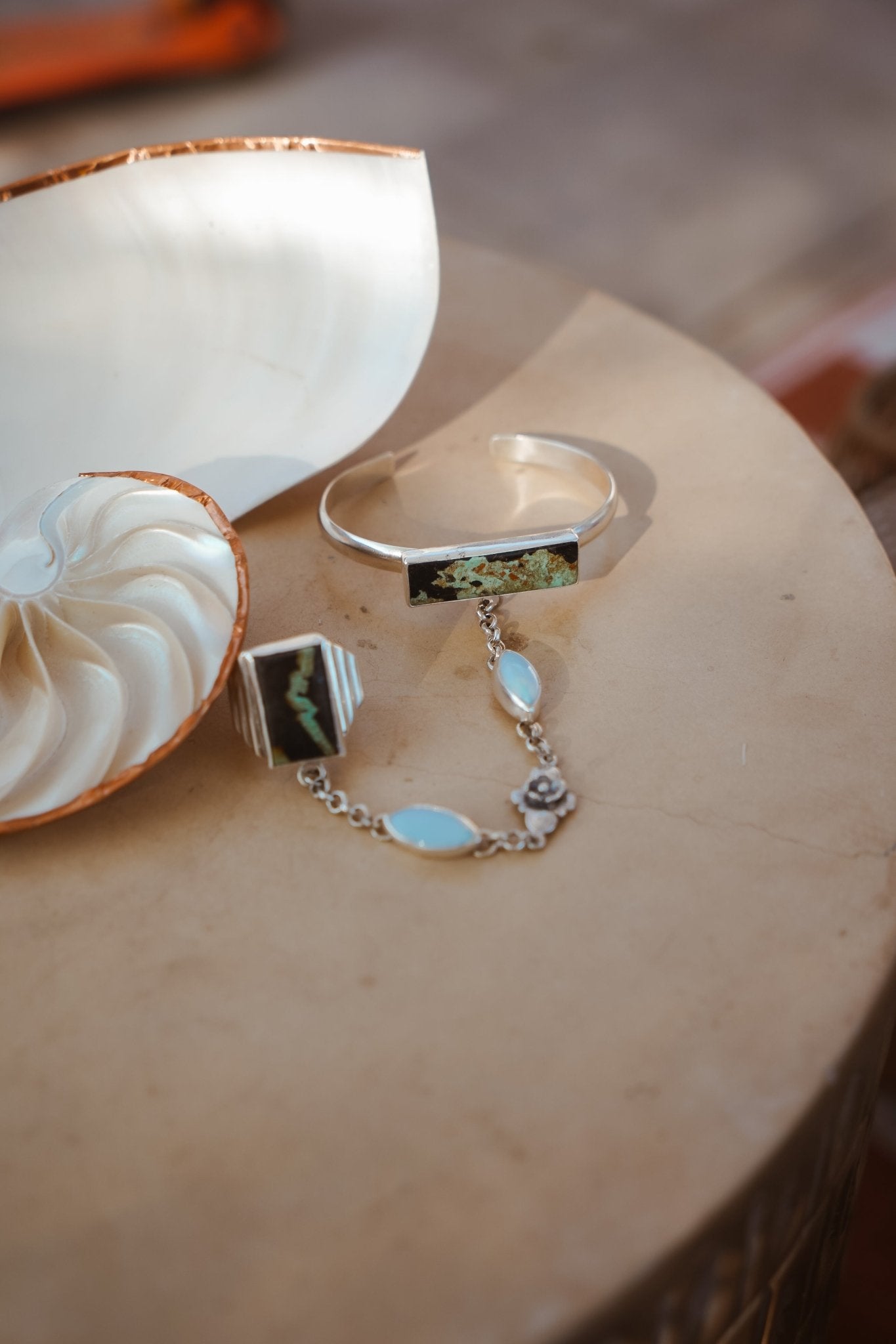 Ventana Handchain in Blackjack Turquoise + Sterling Opal (Adjustable Ring Size) - Golden Road Crafted